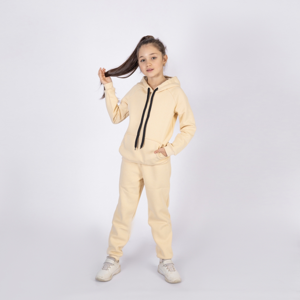 296-СЛ. Свитшот с капюшоном  + Штаны, хлопок 65%, 35%  ПЭ, 3-х нитка (начес) сливочный 80,86,92