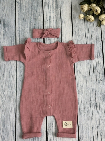 336-П. Комбинезон с повязкой для девочки из муслина, хлопок 100%, размеры 56,62,68, пудра